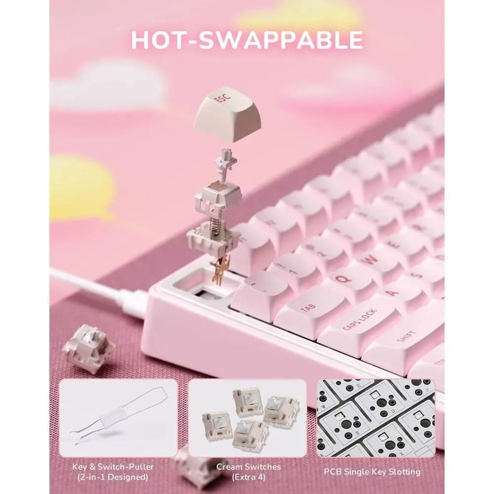 Royal Kludge RK R75-PM-XH RGB Mechanical Keyboard, Cream Switch, Hot Swappable, Wired, USB, Pink Melody