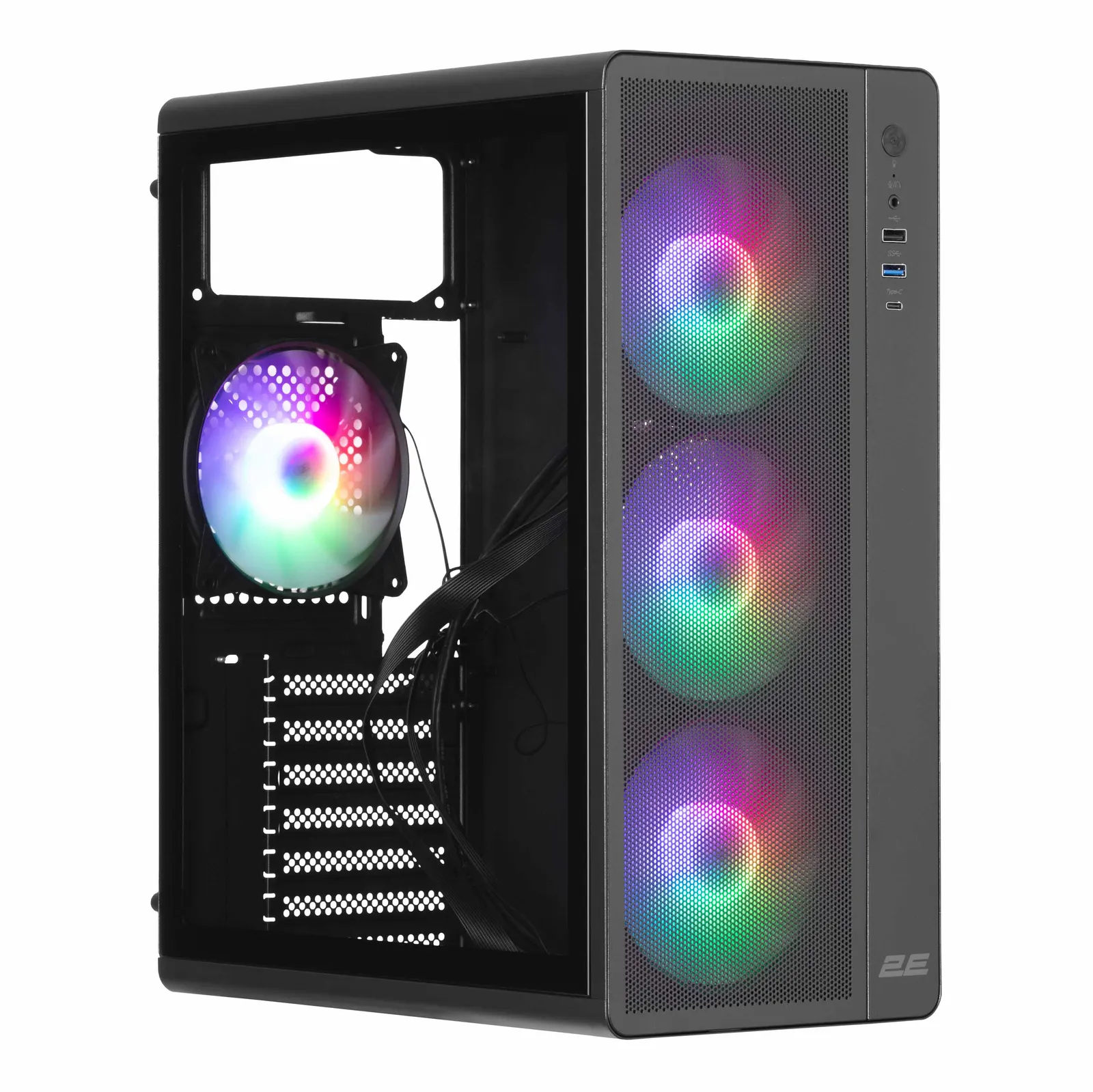 ქეისი PC case 2E GAMING Credo Plus V510B without PSU, 1xUSB3.0, 1x USB 2.0, 1xUSB Type-C, 4x120mm RGB Rainbow, VGA 310mm, TG Side Panel, ATX, black