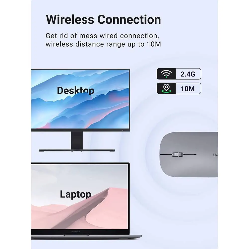 მაუსი UGREEN MU001 (90373) Wireless 2.4G Slim Silent Mouse, 4000DP, Gray