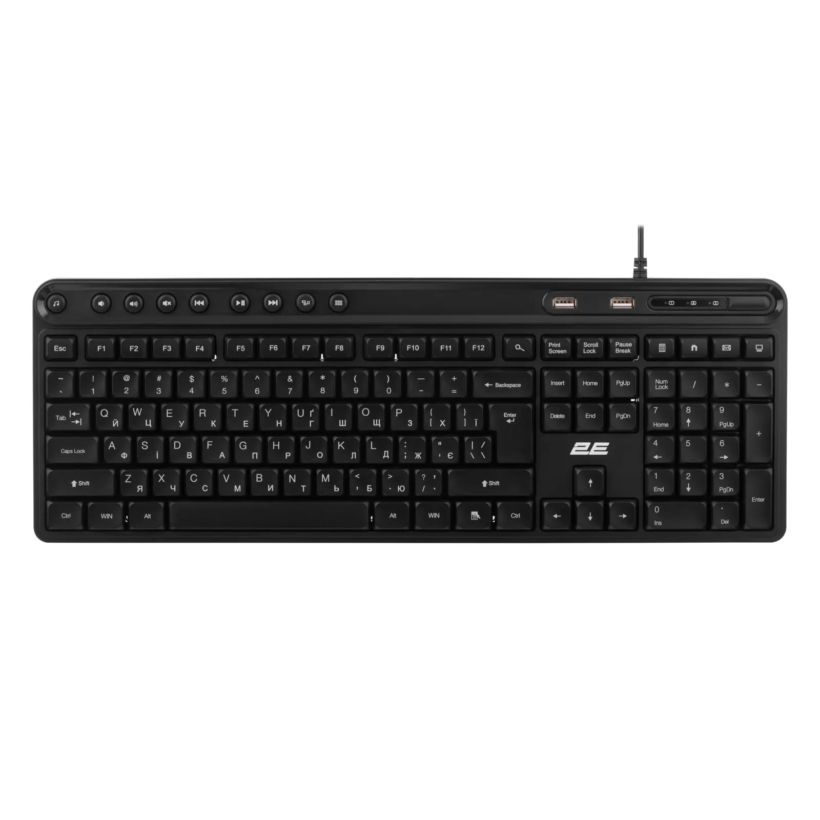კლავიატურა 2E Membrane keyboard KS1100 104key, 2xUSB HUB, USB-A, EN/UK, black