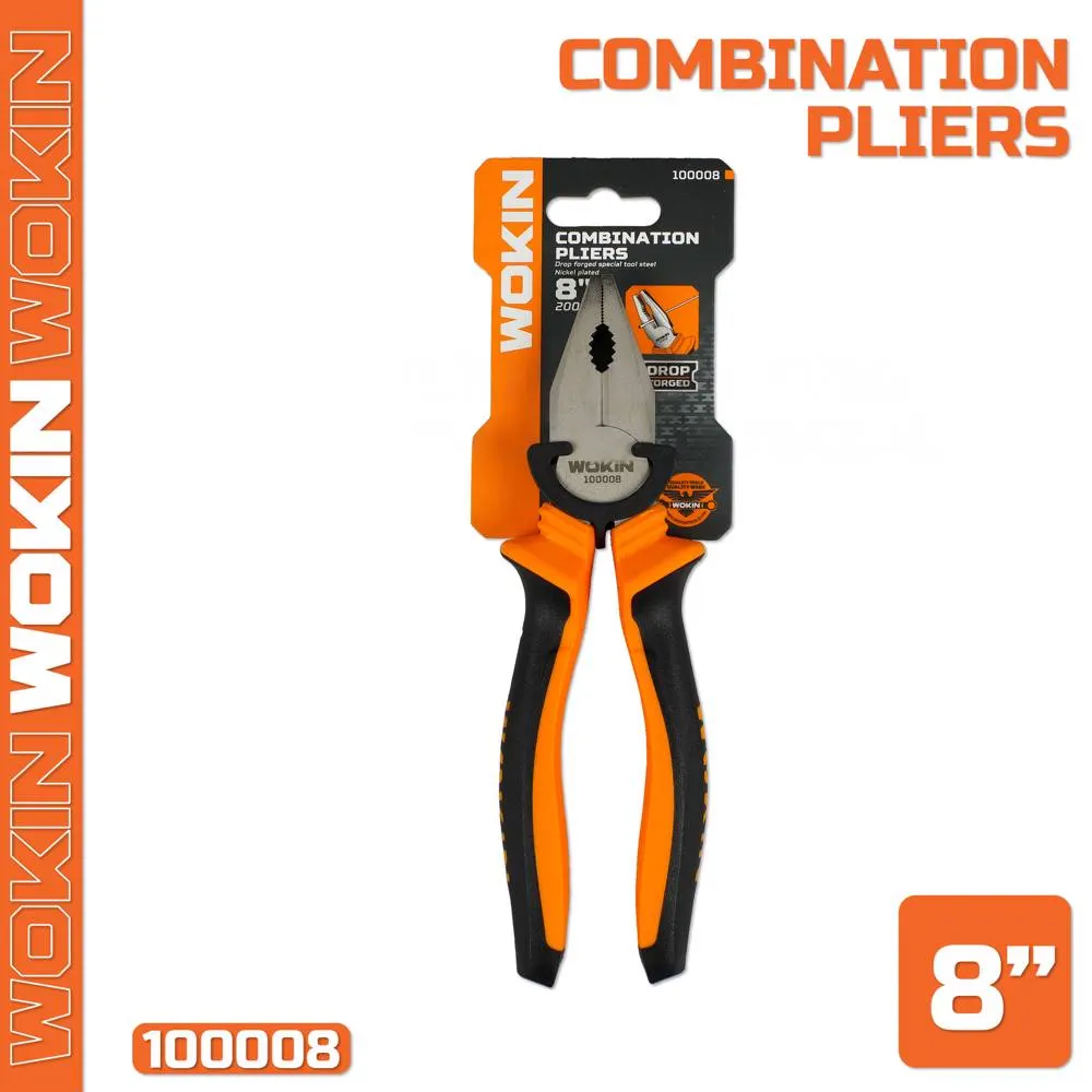ბრტყელტუჩა რეზინის სახელურით Wokin 100008, 200MM, 8", Combination Pliers, Black/Orange
