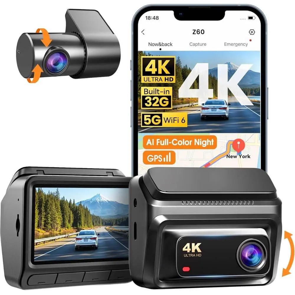 მანქანის ვიდეო რეგისტრატორი DDPAI Z60 2026 4K Dashcam 140°, WIFI GPS, Bluetooth Front and Rear Cam, Car Video Recorder, Black