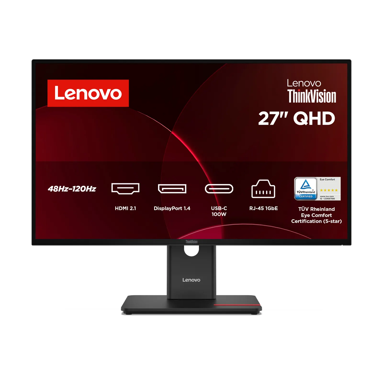 მონიტორი Lenovo ThinkVision T27QD-40, 27"2560x1440, IPS,120Hz,4ms, 1xHDMI,1xDP,1xDP Out, 1x RJ45,1xUSB-C Docking up to 100W, 3xUSB, Tilt,Swivel,Pivot,HAS,3Y