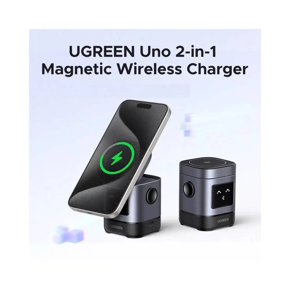 UGREEN Uno W709 (45775) Qi2, 15W, 2-in-1 Magnetic Wireless Charger, Black/Grey