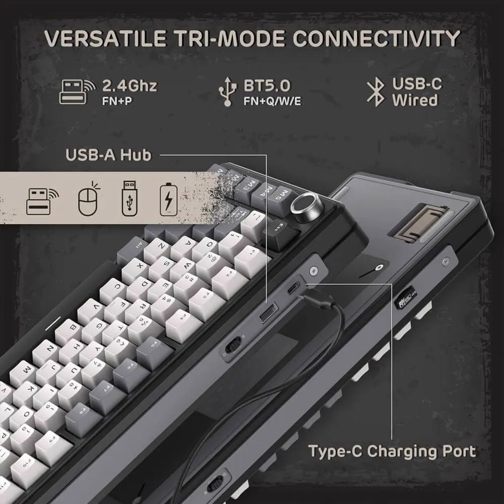 Royal Kludge RK L75-KB-XW RGB Mechanical Keyboard, Beige Switch, Hot Swappable, Wireless, Type-C, Bluetooth, 2.4GHz, Knight Black
