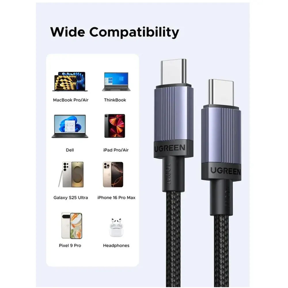 UGREEN L528 (65832), 100W, Type-C to Type-C Cable, 1m, Grey/Black
