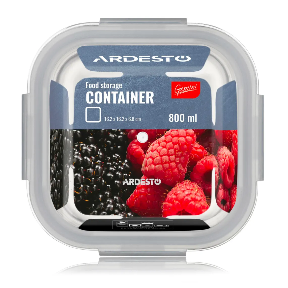 საკვების კონტეინერი Ardesto Food storage container Gemini 0.8l, borosilicate glass, plastic, square, transparent