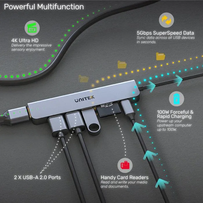H1118A, UNITEK, 7-in-1 USB-C 5Gbps Hub (USB3.0+2*USB2.0+SD/Micro SD Card Reader+HDMI+PD 100W), Space Grey