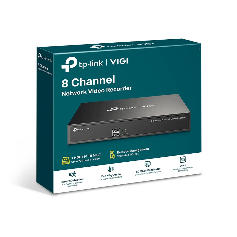 TP-Link VIGI 8 Video Recorder - 8-Channel IP Video Input, Incoming Bandwidth: 80 Mbps, Outgoing Bandwidth: 60 Mbp, 1 SATA slot up to 10TB, Decoding