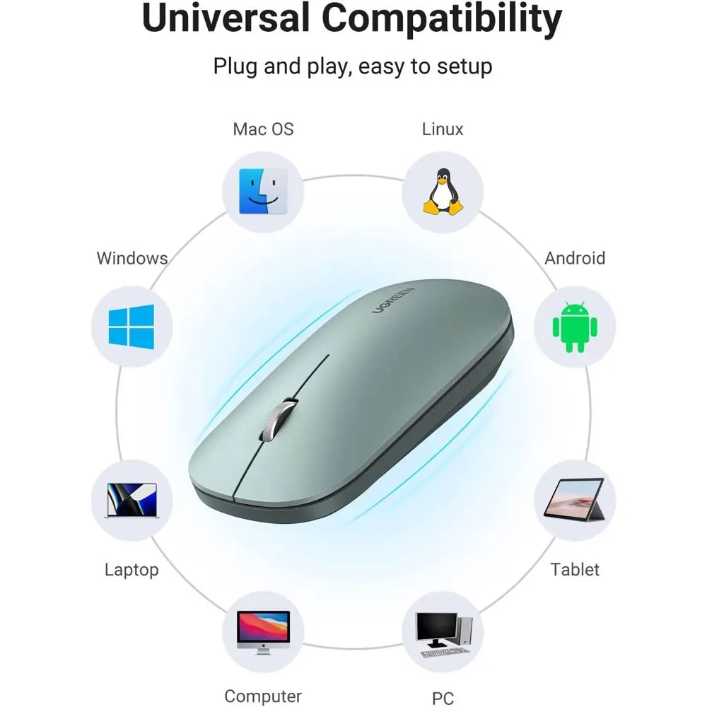 მაუსი UGREEN MU001 (90374) Wireless 2.4G Slim Silent Mouse, 4000DP, Green