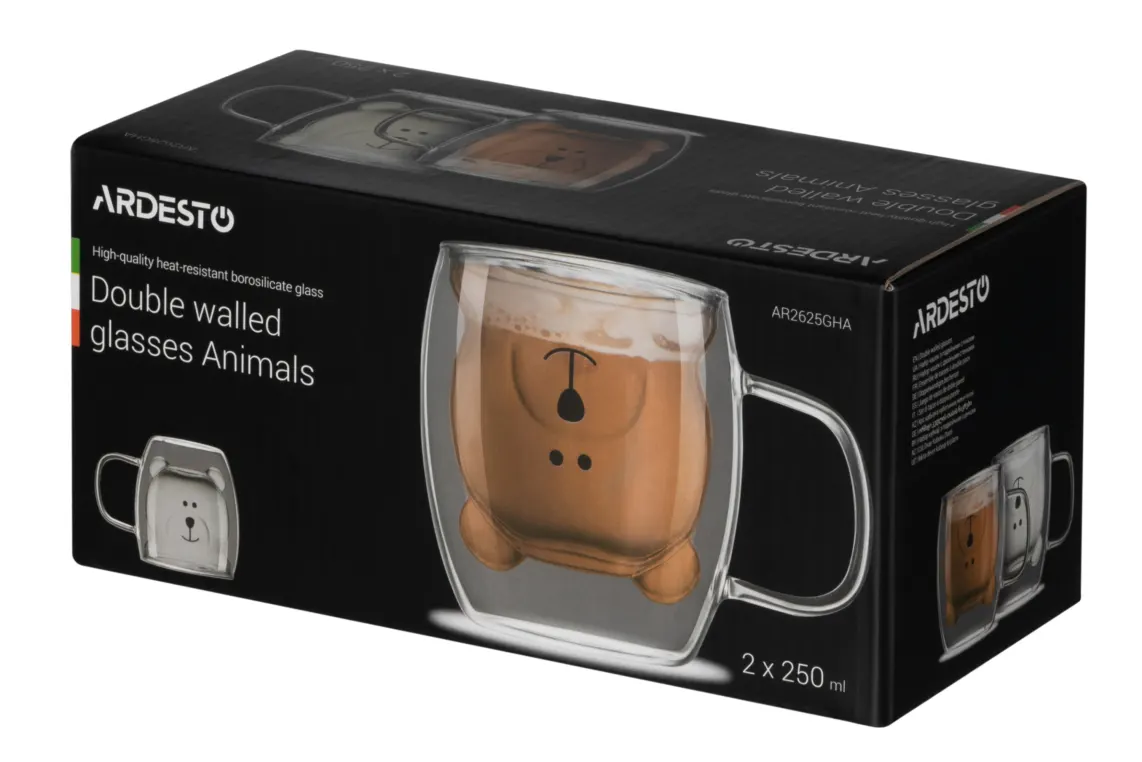 Ardesto Double wall borosilicate glass mug set Animals, 250 ml, 2 pcs, with handles