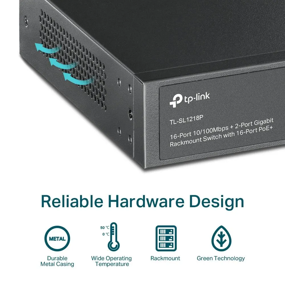 TP-Link, TL-SL1218P, 16-Port 10/100 Mbps + 2-Port Gigabit Rackmount Switch with 16-Port PoE+