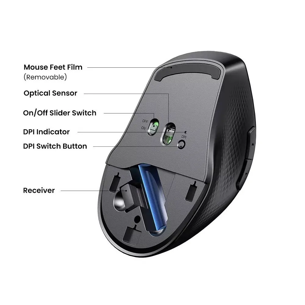 მაუსი UGREEN MU101 (90395), Ergonomic Wireless 2.4G Mouse, Bluetooth, 4000DPI, Silence Design, Black