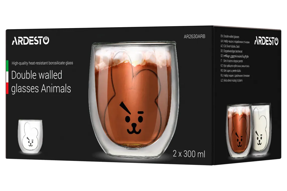 Ardesto Double wall borosilicate glass mug set Animals, 300 ml, 2 pcs
