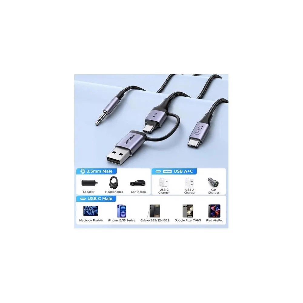 აუდიო ადაპტერი და დამტენი UGREEN CM772 (45009), 60W, 2-in-1 Audio Charger Adapter And AUX, 1.5m, Black/Grey