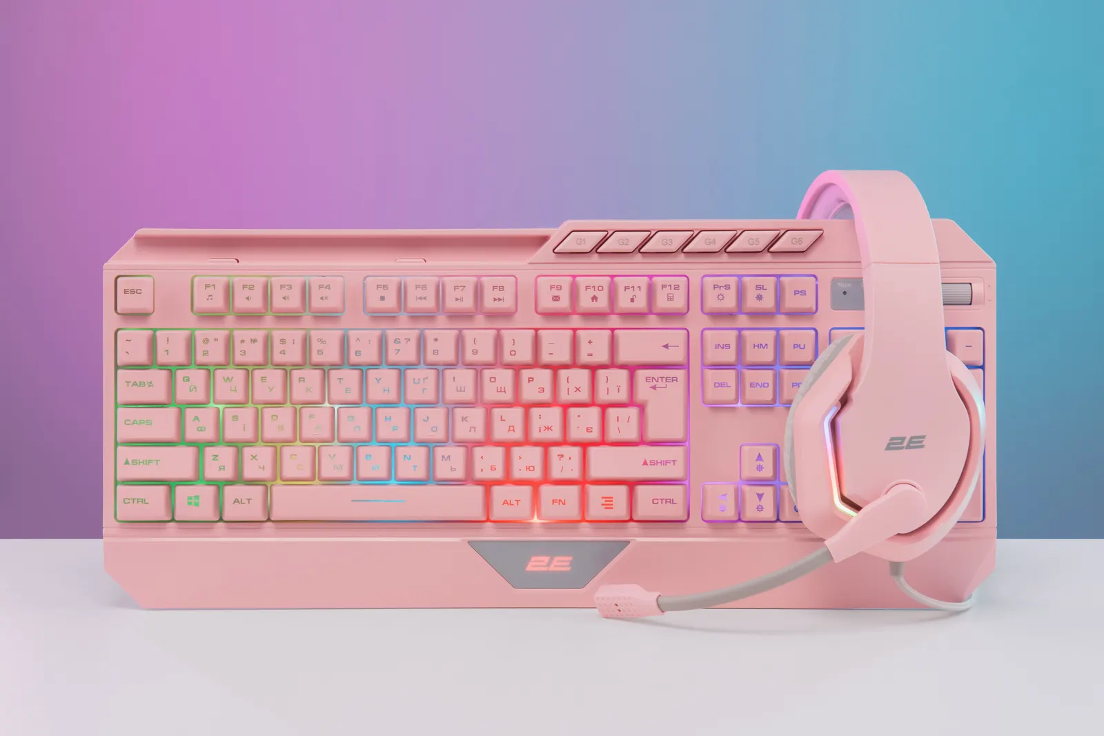 კლავიატურა 2E GAMING Membrane keyboard KG315 110key, USB-A, EN/UA, RGB, pink
