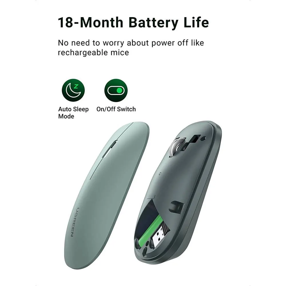 მაუსი UGREEN MU001 (90374) Wireless 2.4G Slim Silent Mouse, 4000DP, Green
