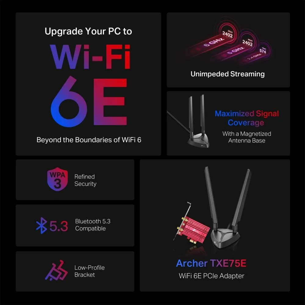 TP-Link, Archer TXE75E, AXE5400 Wi-Fi 6E Bluetooth PCle Adapter