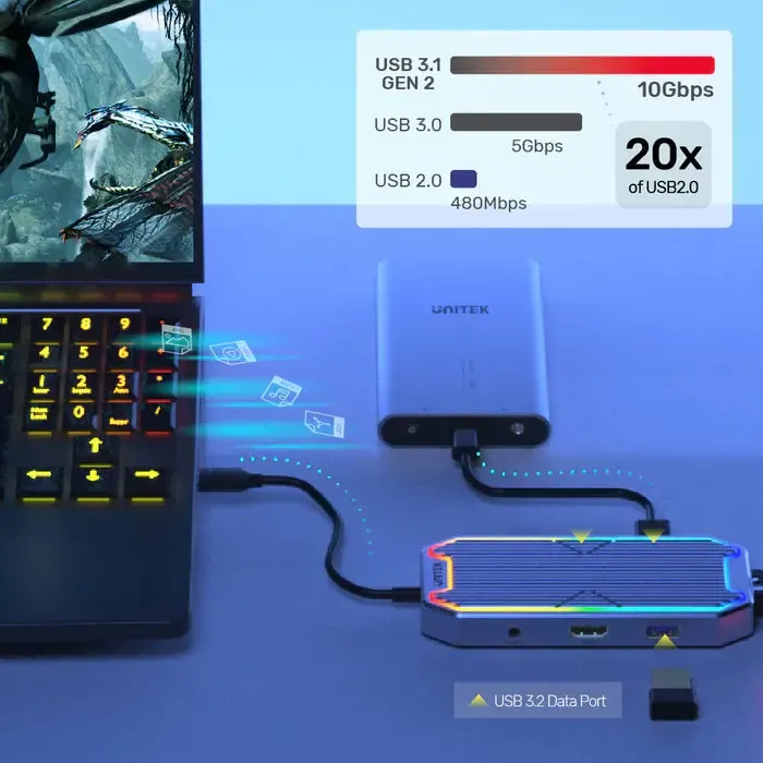 D1029A,UNITEK, 7-in-1 USB-C 10Gbps Hub with RGB Light (2*USB-A 10Gbps+USB-C 10Gbps+HDMI 4K60Hz+Gigabit Ethernet+Audio+PD 100W