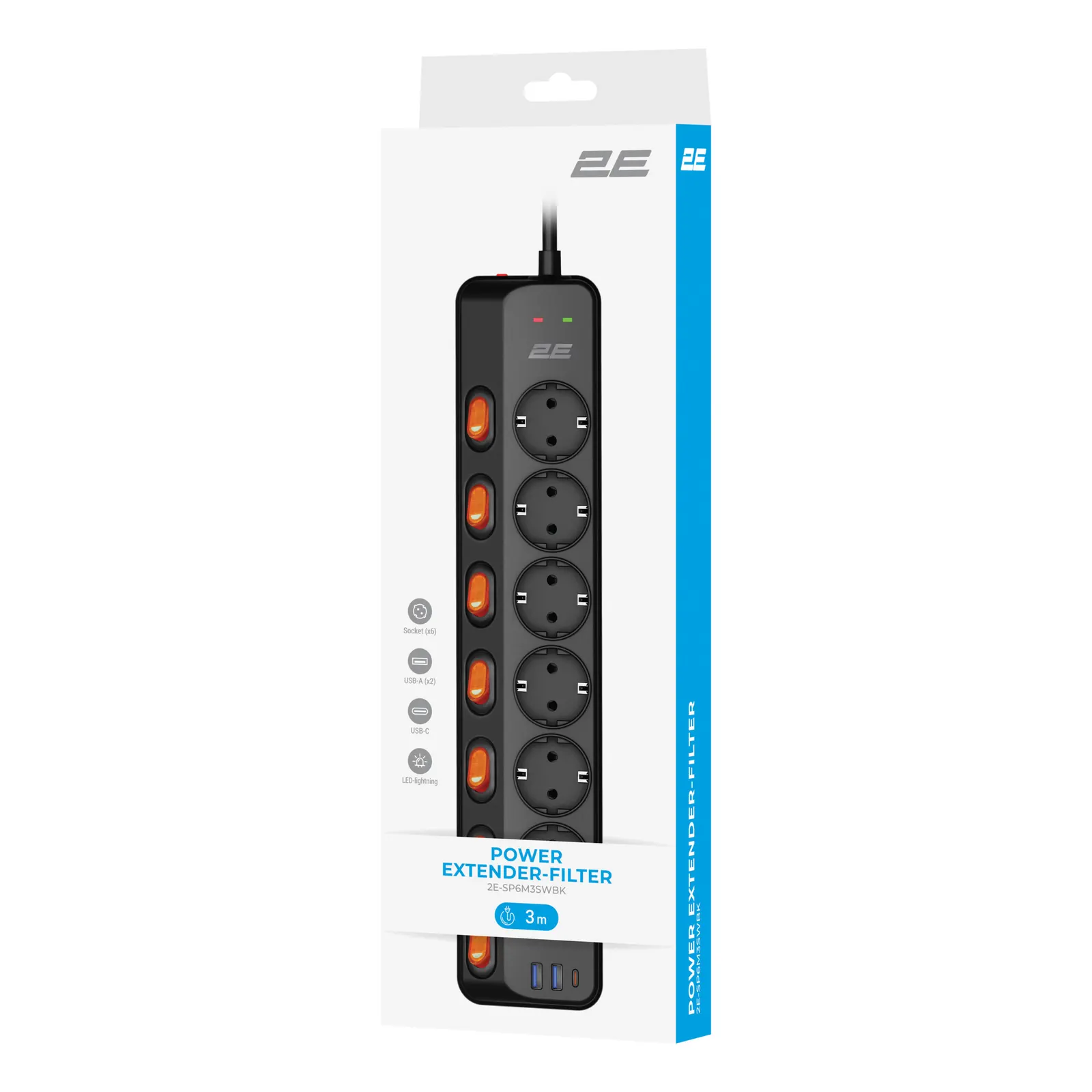 დამაგრძელებელი 2E Power strip with surge protection, 3m, 6xTypeF, 16A, 2xUSB-A, 1xUSB-C, black