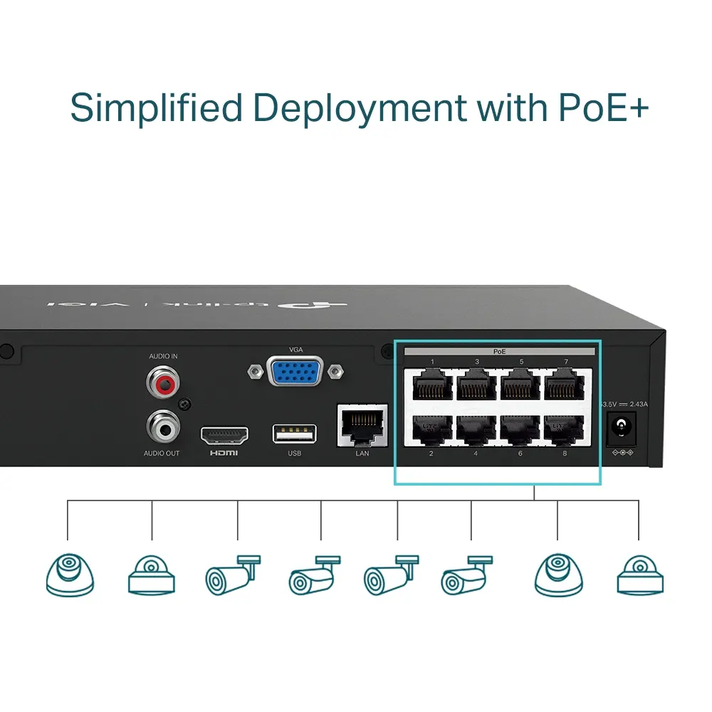 IP კამერა TP-Link VIGI 8 Channel Video Recorder PoE - 8-Channel IP Video Input, 8 PoE Pors, Incoming Bandwidth: 80 Mbps, Outgoing Bandwidth: 60 Mbp, 1 SATA slot up to 10TB, Decoding Format: H.265+/H.265/H.264+/H.264