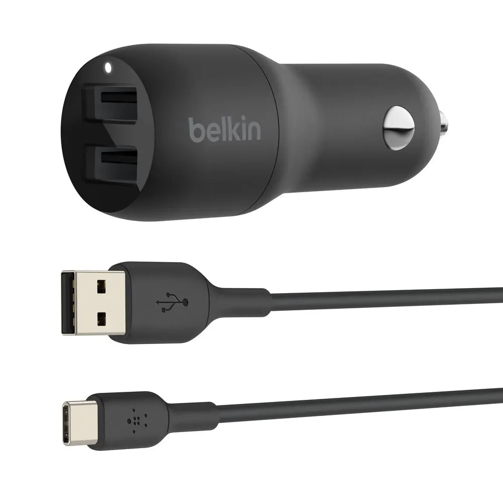 მანქანის დამტენი Belkin Car Charger 24W 2xUSB-A, cable USB-A > USB-C 1m, black