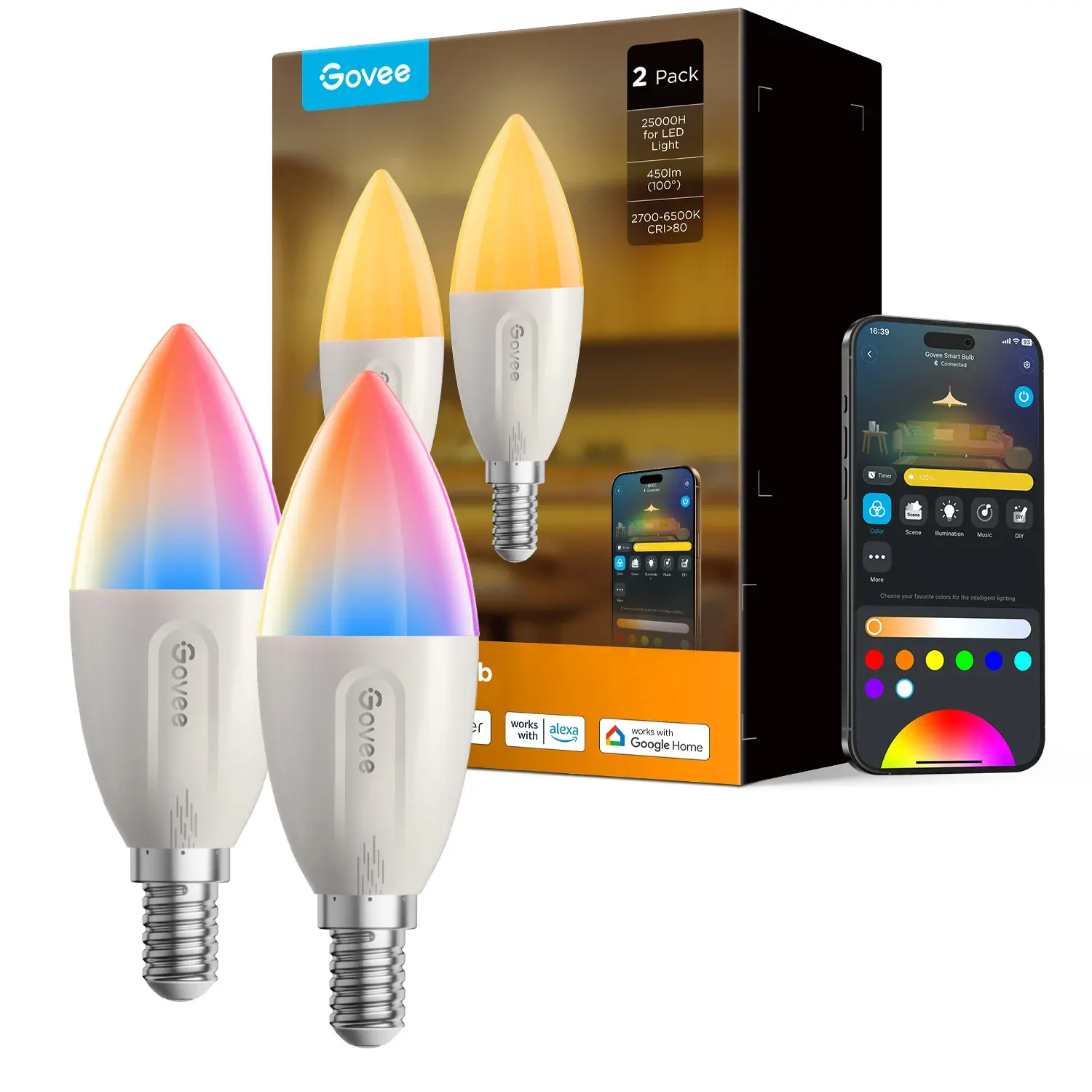 სმარტ სანათი Govee H600C, E14, 5W, 450Lm, 2700K-6400K, RGBWW, WI-FI/Bluetooth, biliy
