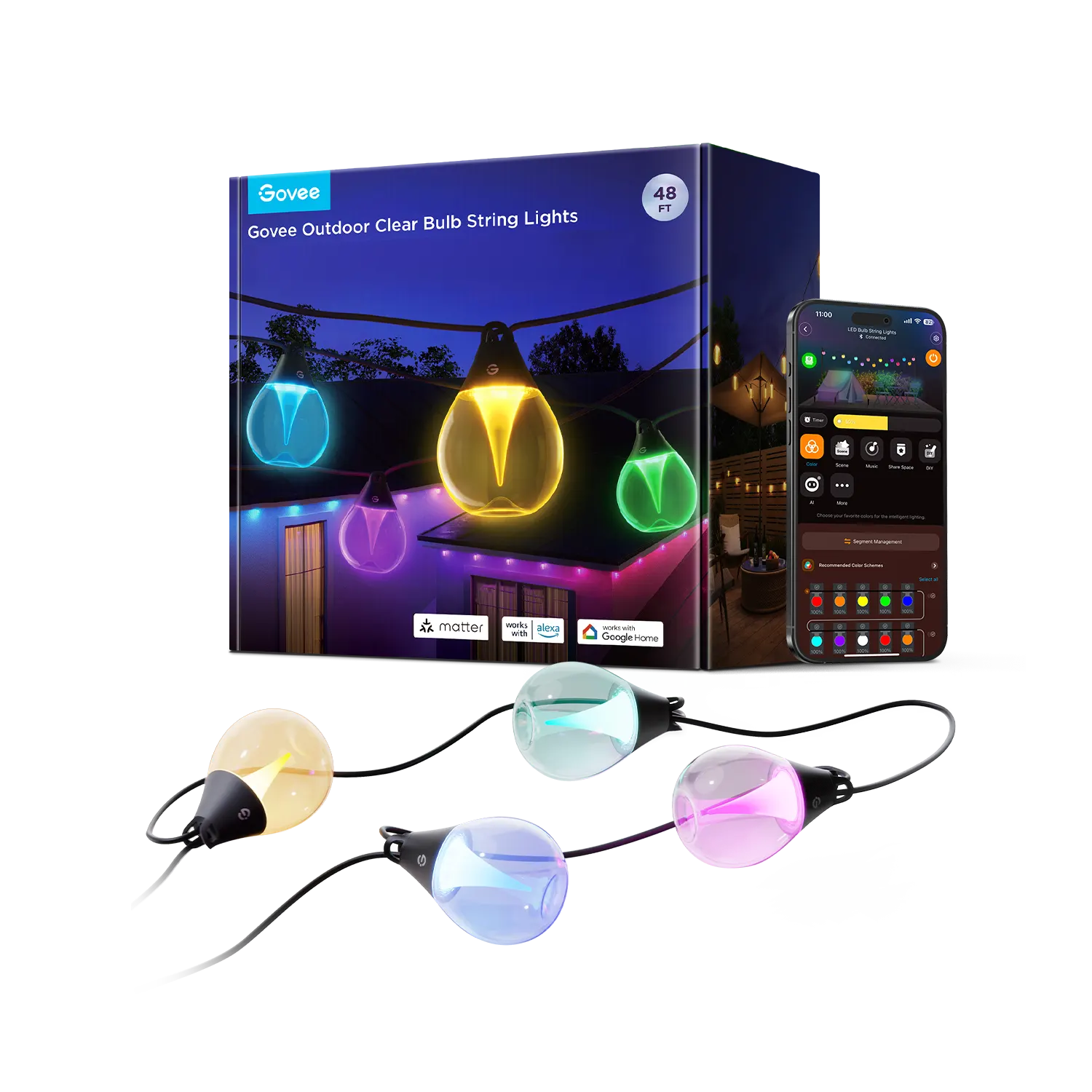 სმარტ სანათი Govee H7025 Outdoor Clear Bulb String Lights, 15m, RGBIC/Warm White, WI-FI/Bluetooth, chopniy