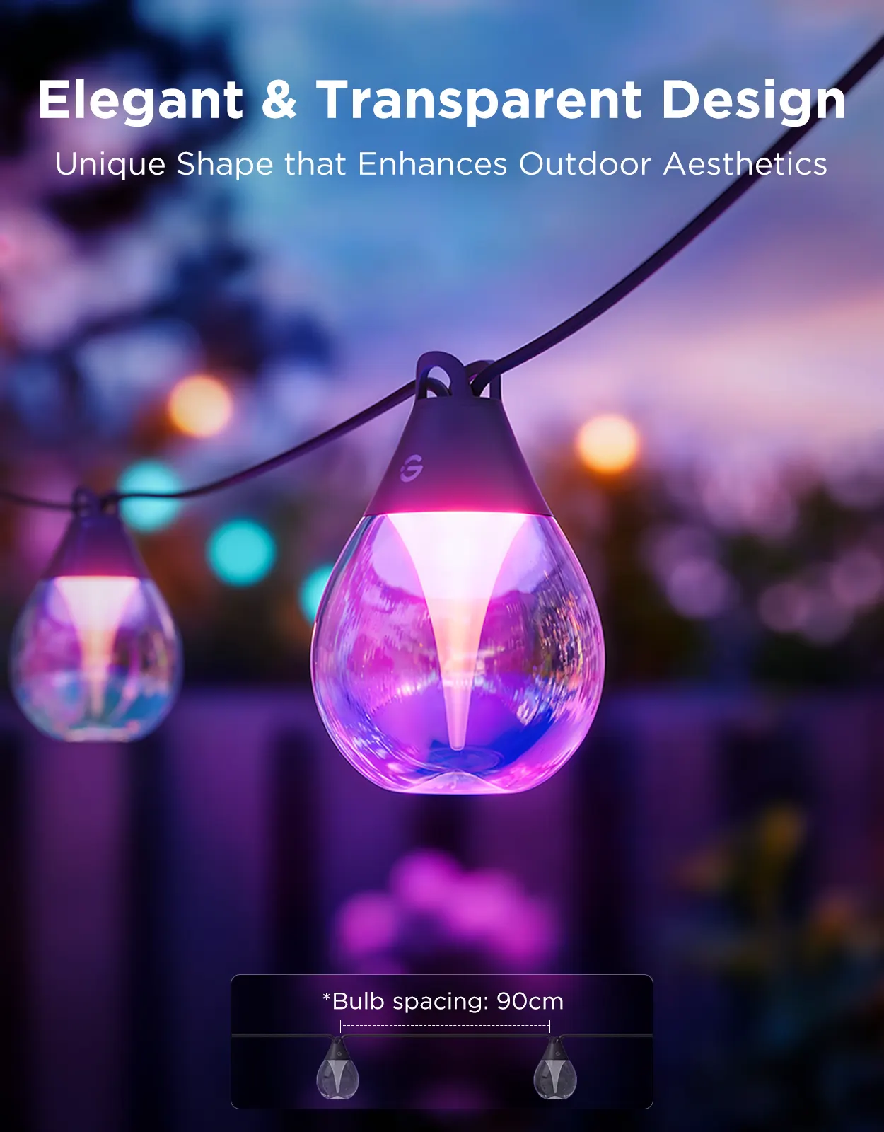 სმარტ სანათი Govee H7025 Outdoor Clear Bulb String Lights, 15m, RGBIC/Warm White, WI-FI/Bluetooth, chopniy