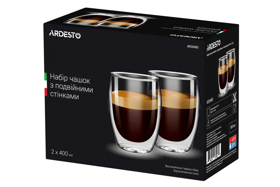 ARDESTO Double wall borosilicate glass mug set Ardesto, 400 ml, 2 pcs